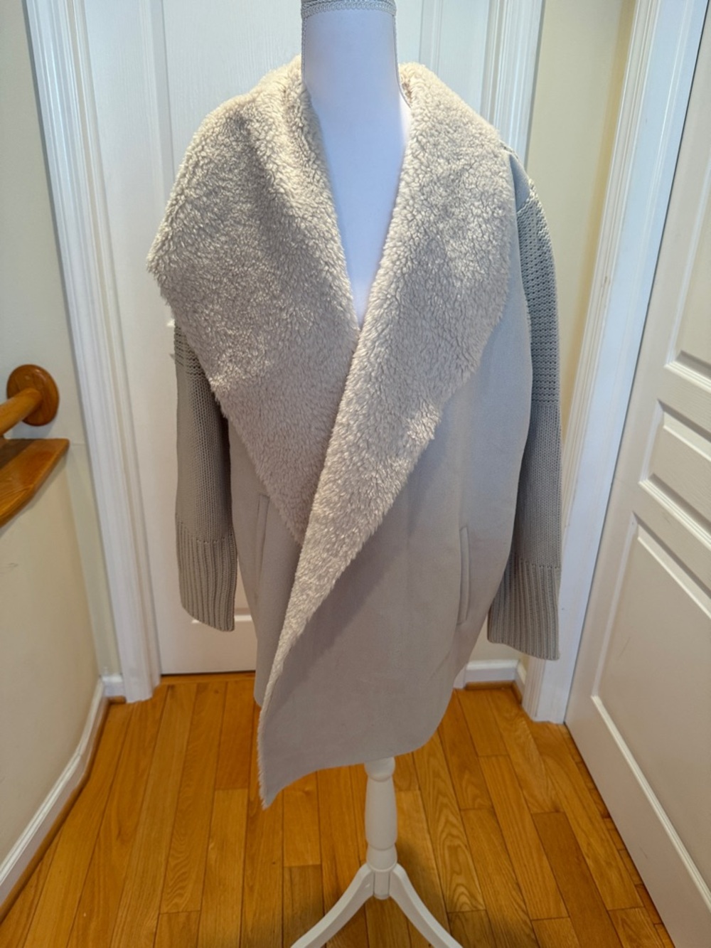 Context exclusively at Lord and Taylor Elegant Beige Knit Sherpa-Trim Jacket